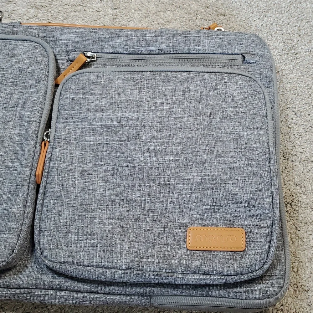 Gray Mosiso Laptop Bag with Tan Accents. Multiple Pockets And Carry Strap. EUC